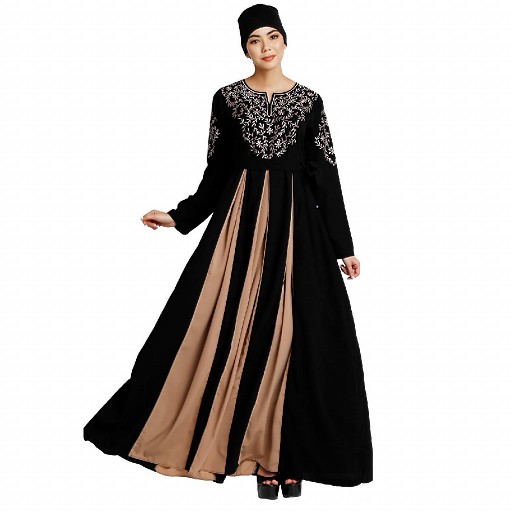 Umbrella abaya with embroidery work - Black-Khaki